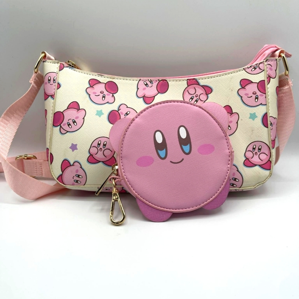 Kirby Character Repeat Print White Handbag Bioworld with big head Kirby purse
